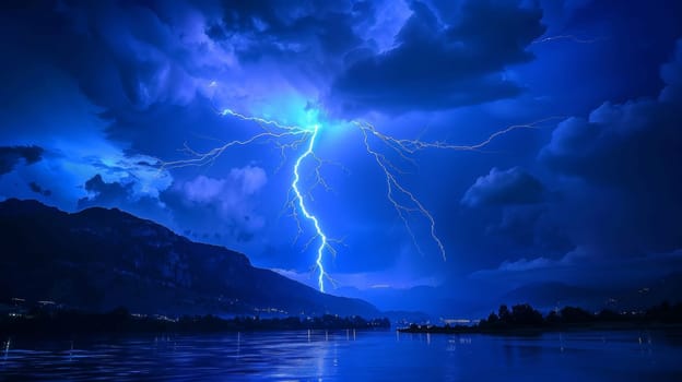 A lightning bolt is striking the clouds above a body of water