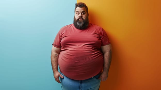A man with a big belly standing in front of an orange and blue wall