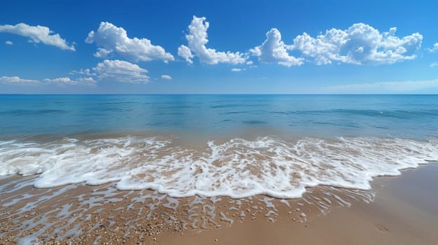 A beach with waves and a blue sky in the background