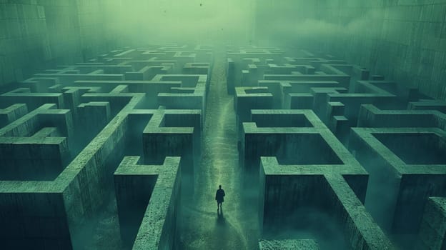 A man is walking through a maze in the fog
