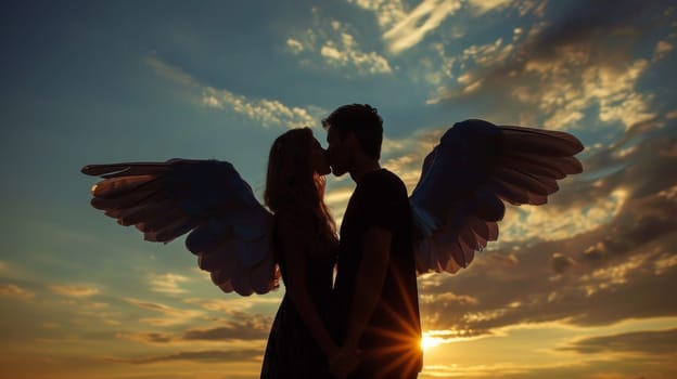 A couple kissing with angel wings in the sunset