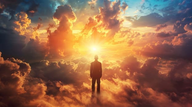 A man standing in the middle of a cloud filled sky