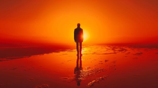 A man standing on a beach at sunset with the sun behind him