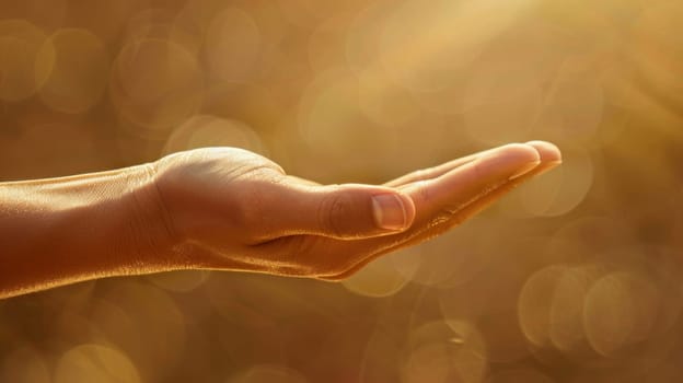 A person holding out their hand with a blurry background