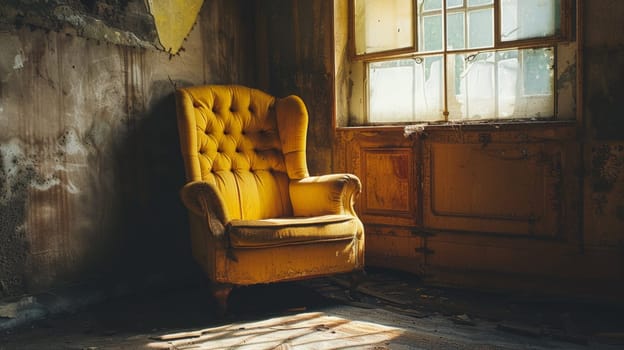 A yellow chair in a dilapidated room with an old window
