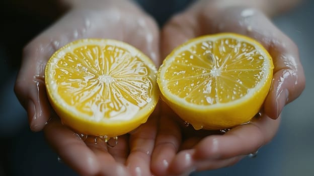 A person holding a lemon in their hands with water on it