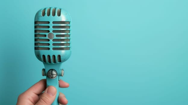 A person holding a blue microphone in their hand