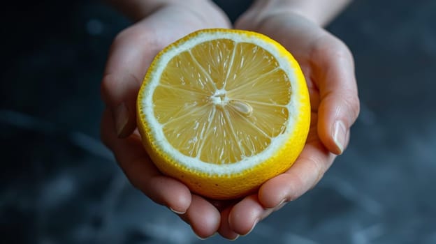 A person holding a lemon in their hands with the peel on