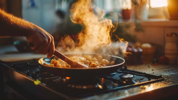 A person cooking food on a stove top with flames coming out of the pan