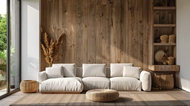 A living room with a white couch and wooden wall