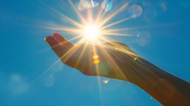 A person's hand reaching up to the sun with a bright light