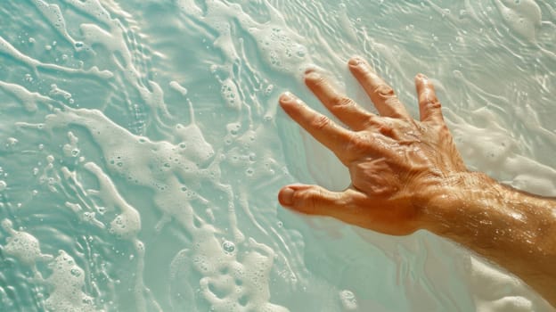 A hand reaching out of a pool with bubbles and foam