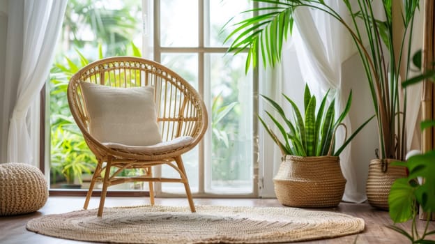 A chair sitting in front of a window with plants and potted flowers