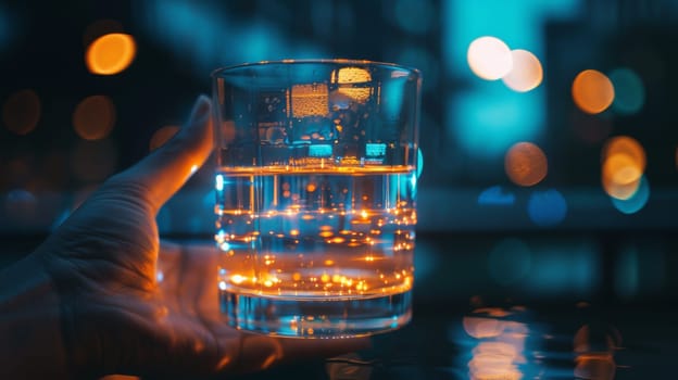 A hand holding a glass of water with lights around it