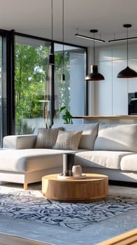 A living room with a large sectional couch and coffee table