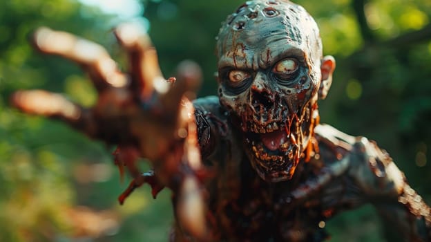 A zombie with a bloody face and hands reaching out