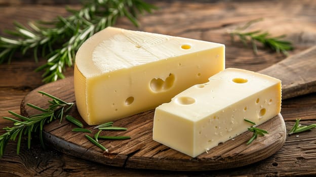 A cheese and a piece of bread with rosemary on it