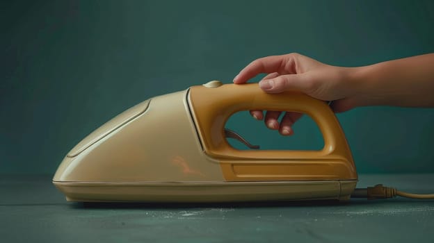 A person holding a yellow and tan iron on top of a table