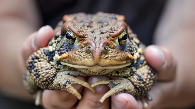 A person holding a large toad in their hands