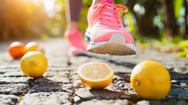 A person in pink shoes running on a brick road with lemons