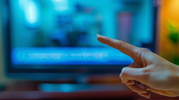 A person pointing at a television with their finger