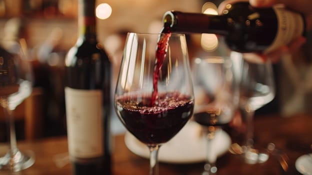 A person pouring wine into a glass on top of some bottles