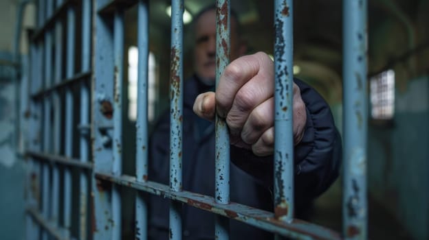 A man is holding his hand through a barred window in an old jail cell