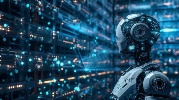 A robot standing in front of a large network