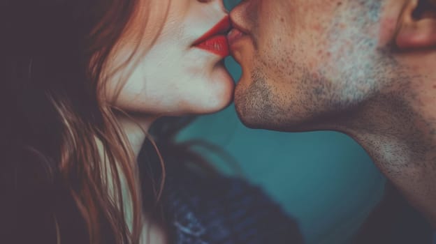 A man and woman kissing each other with a red lipstick