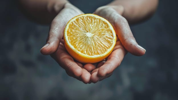 A person holding an orange in their hands with a dark background