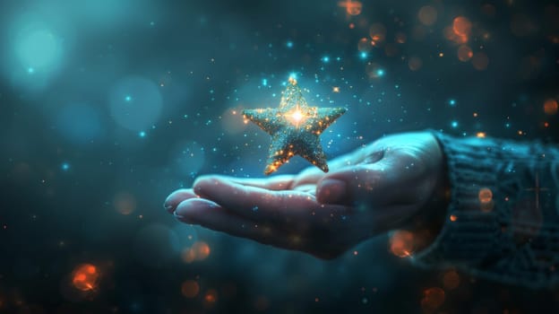A hand holding a star with glowing lights around it