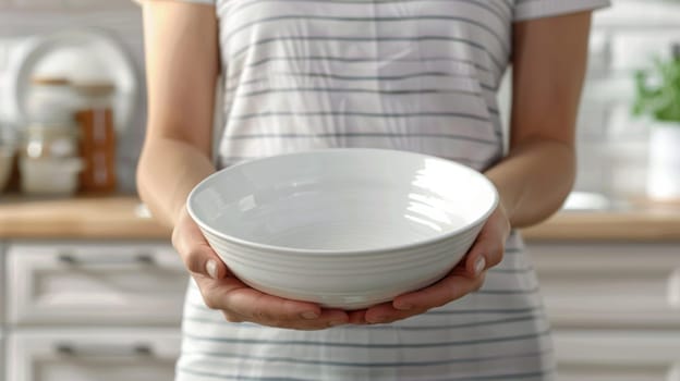 A woman holding a bowl in her hands while standing