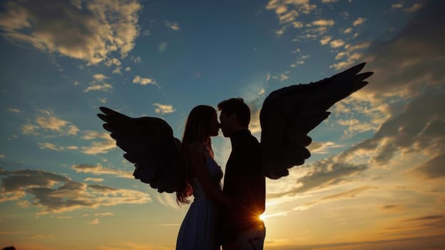 A couple kissing with angel wings in the sunset