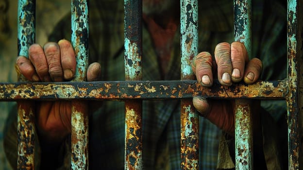 A man's hands are behind bars in a jail cell