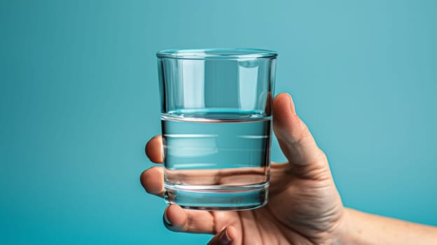 A person holding a glass of water with blue background