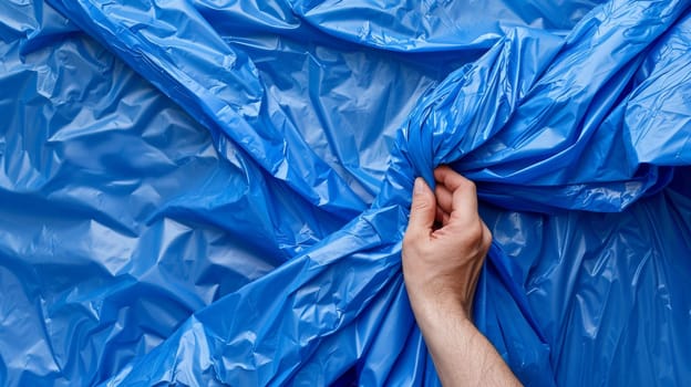 A person holding a blue sheet of plastic with their hand