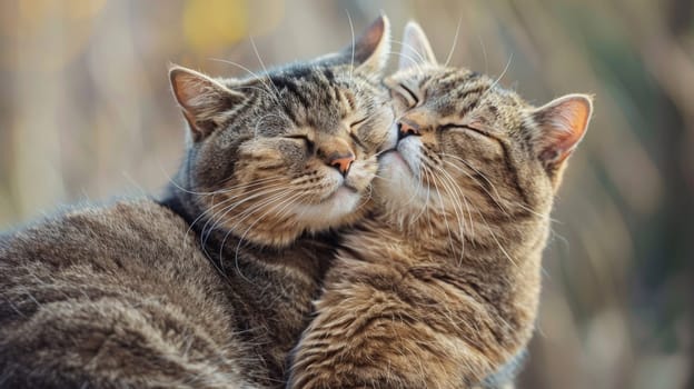 Two cats are cuddling together with their heads touching