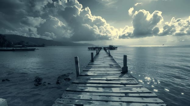 A long wooden pier leading to a boat in the ocean