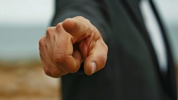 A man in a suit pointing at something with his finger