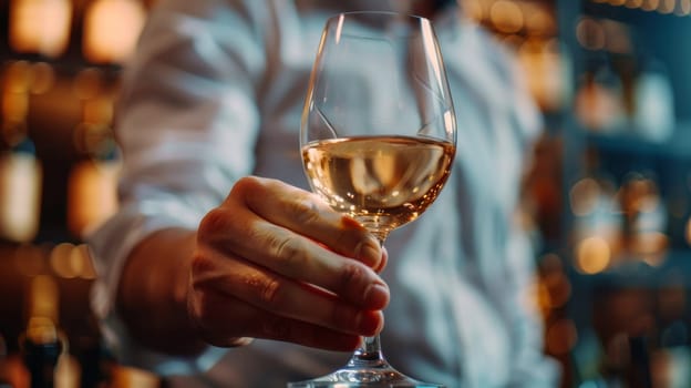 A man holding a glass of wine in front of him
