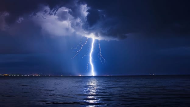 A lightning bolt is seen over the ocean in a dark sky