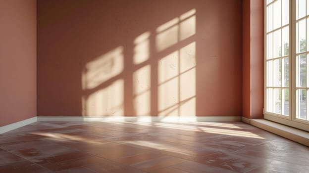 A room with a window and tiled floor in the sun