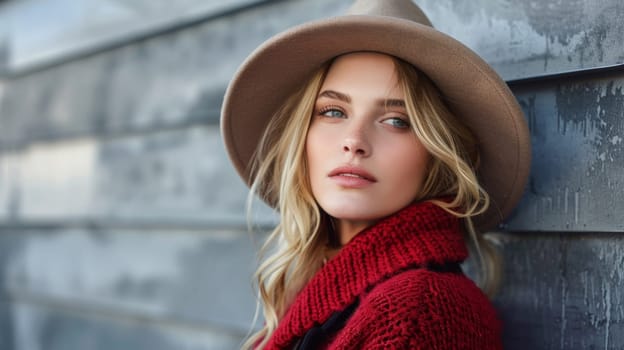 A woman in a red sweater and hat leaning against the wall