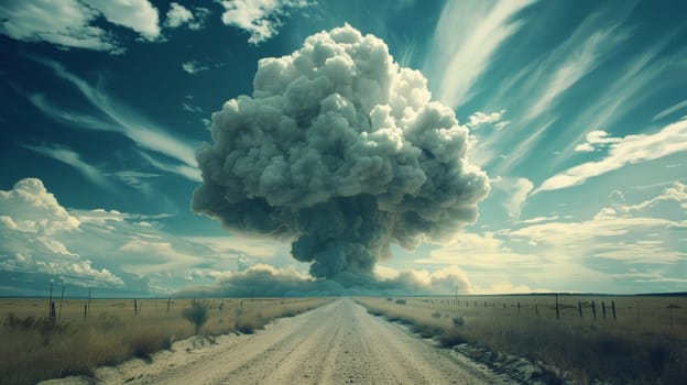 A cloud of smoke coming out from a dirt road