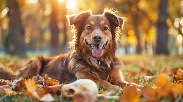 A dog laying in the grass with a skull on it's head