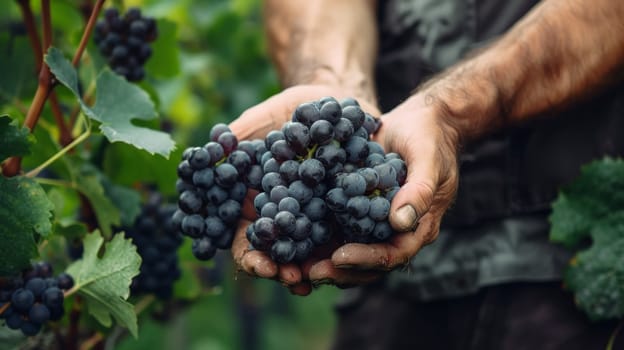 A man holding a bunch of grapes in his hands