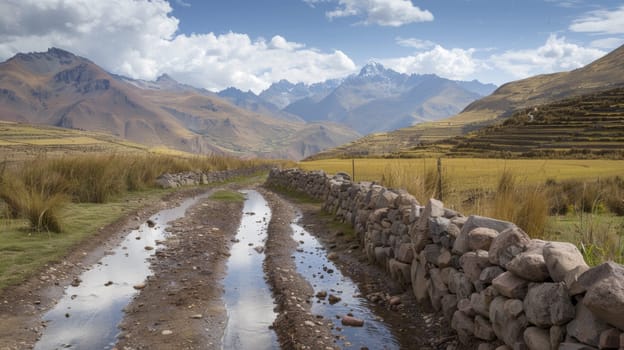 A dirt road with a stone wall in the middle of it