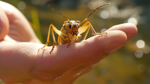 A close up of a bug on the palm of someone's hand