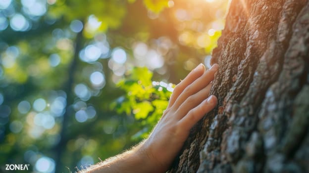 A man's hand on a tree trunk with the sun behind him