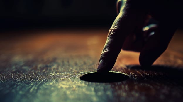 A person's finger is poking a hole in the side of a coin